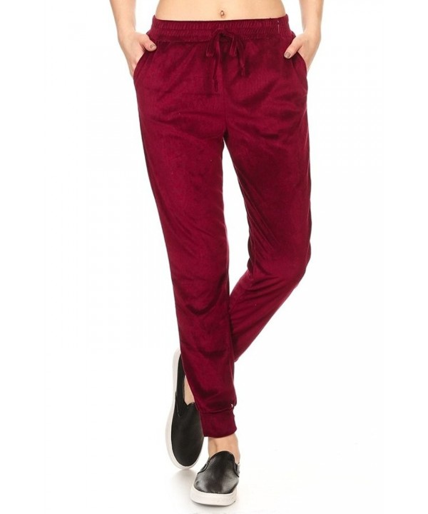 Womens Shiny Crushed Velvet Joggers Pants With Pockets - Burgundy-soft ...