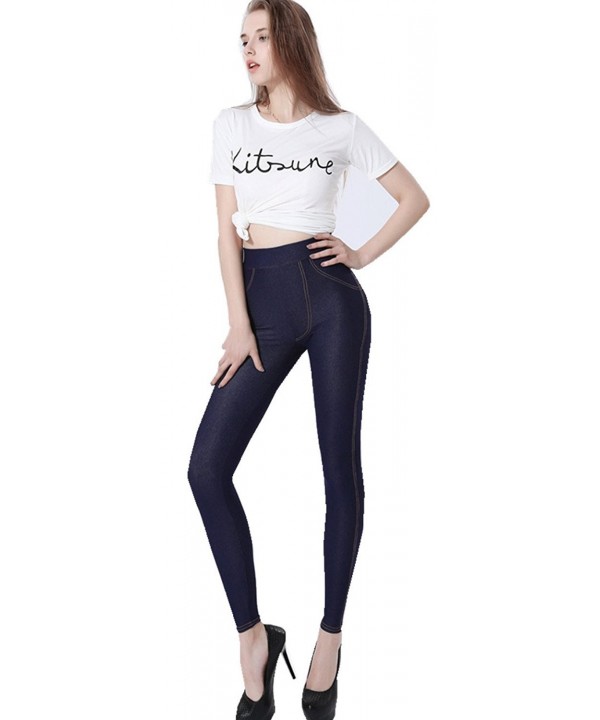 Womens Jeggings Denim Leggings Solid Stretchy Lady Pants Skinny Jeans With Pockets Blue