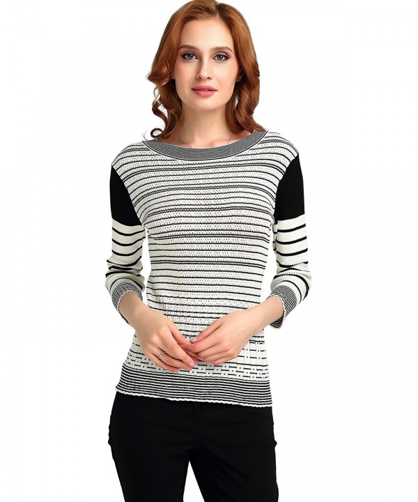 Women Slim Fit Stripe Sweater 3/4 Sleeve Crew Neck Pullover Top - Black ...