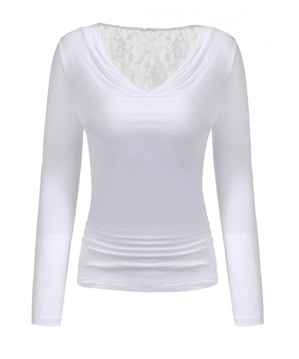 Womens Cowl Neck Ruched Long Sleeve Sexy Blouse Lace Back Stretchy Top White C1189uomyls