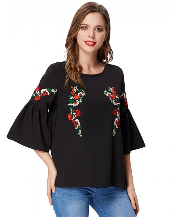 Women's Vintage Floral Embroidery 3/4 Bell Sleeve Loose T-Shirt Top ...