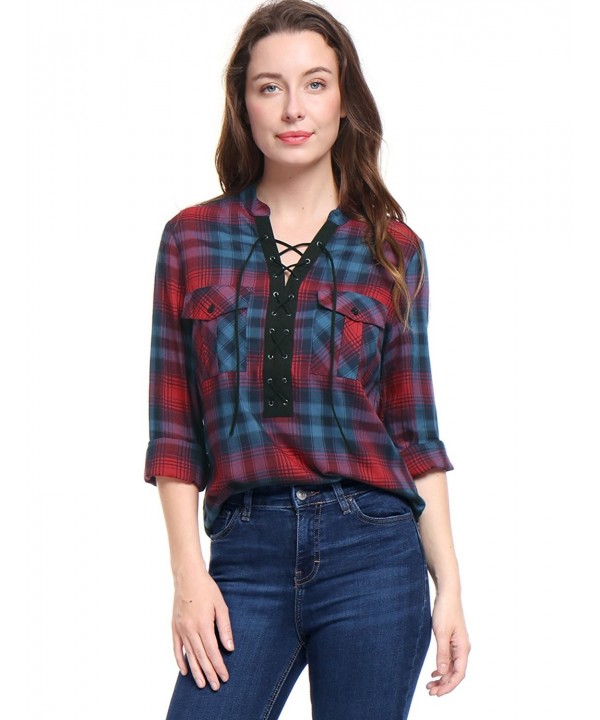 Womens Roll Up Sleeves Lace Up Front Plaid Shirt Red Cm182smthzw