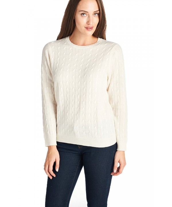 Women's 100% Cashmere Cable Knit Crew Neck Sweater - Solid Cream ...