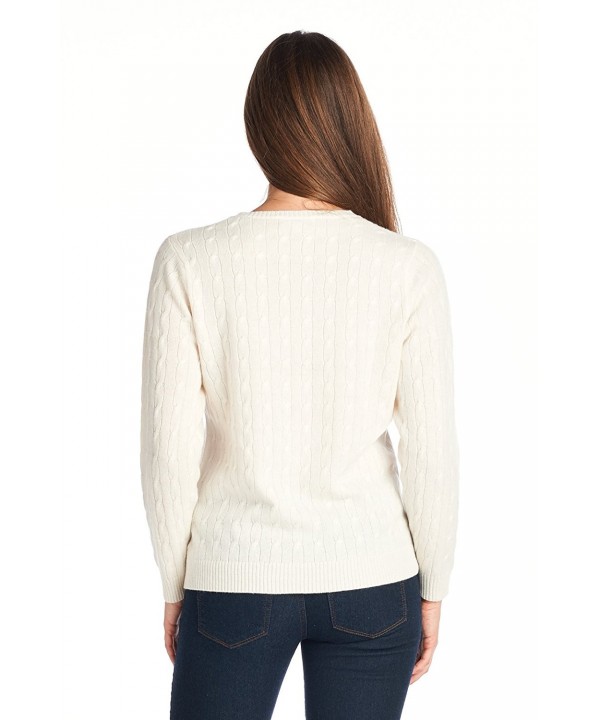 Women's 100% Cashmere Cable Knit Crew Neck Sweater - Solid Cream ...