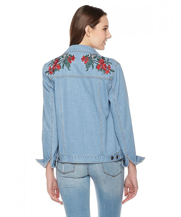 Women's Classic Flower Embroidery Button Down Denim Jacket - Light Blue ...