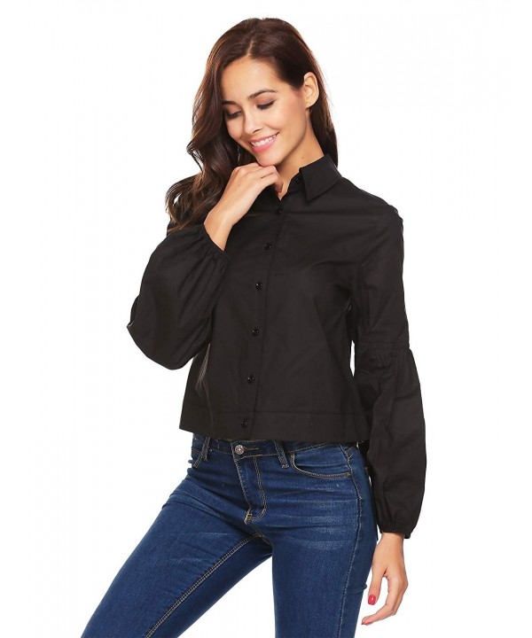 Women's Casual Puff Long Sleeve Blouse Short Button Down Shirts - Black ...