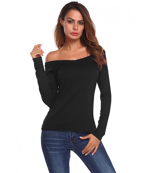 Women Off-Shoulder V Neck T-Shirt Long Sleeve Slim Fit Stretch Crop Top ...