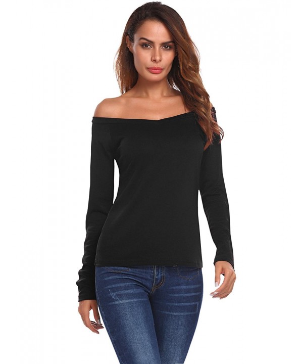 Women Off-Shoulder V Neck T-Shirt Long Sleeve Slim Fit Stretch Crop Top ...