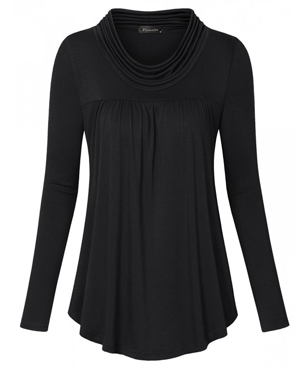 Women's Cowl Neck Long Sleeve Pleated Front Tunic Shirt - Black ...