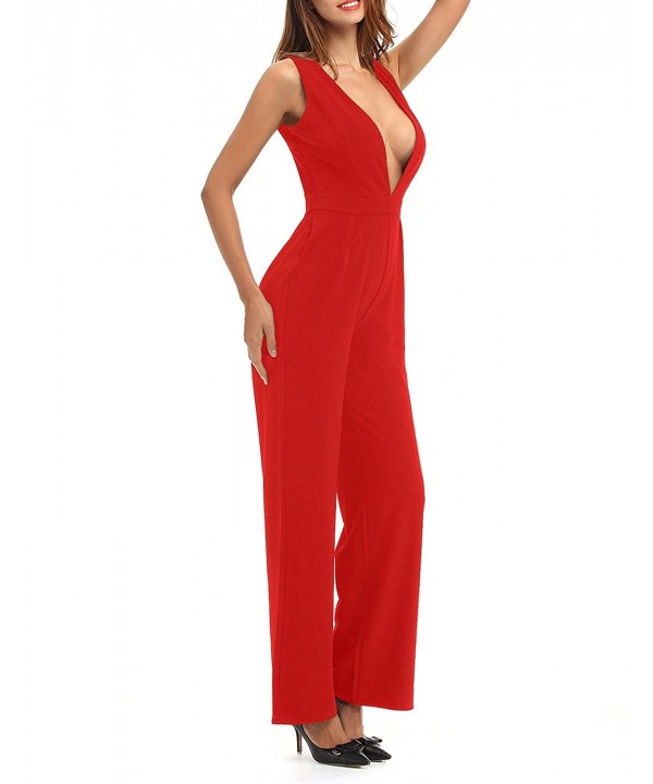 Women Jumpsuit Sexy Deep V Neck Sleeveless Wide Leg Romper Red C118cgu8qmd