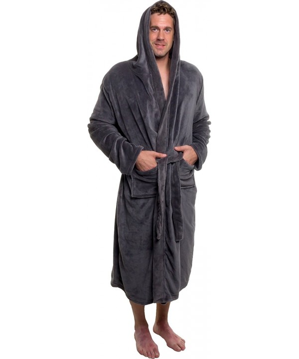 Mens Hooded Robe - Plush Shawl Kimono Bathrobe - Grey - CI12MQ78Y9P