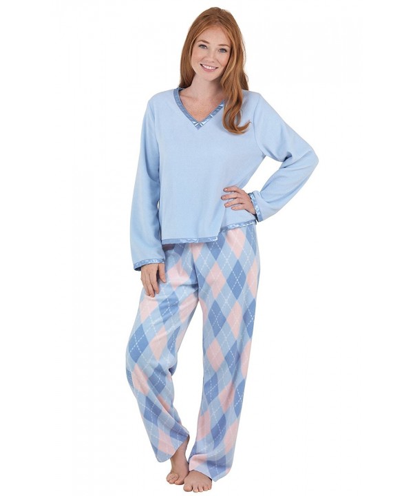 Soft V-Neck Pullover Women's Fleece Pajama Set With Long Pants - Blue ...