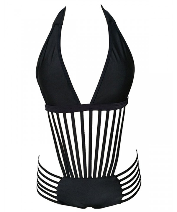 One Piece Black Halter Cut Out Monokini Deep V Sexy String Bathing Suit For Women Black