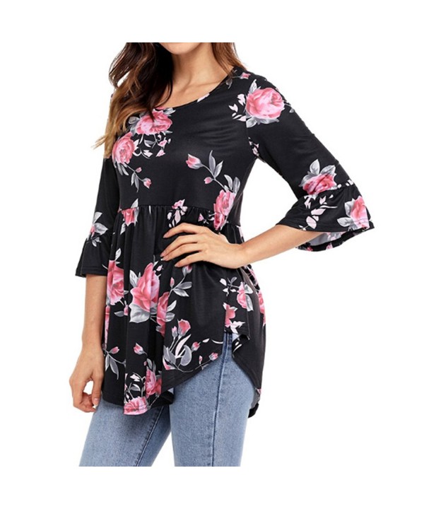 Women 3/4 Ruffle Sleeve Floral Babydoll Tops- Cute Blouse - Black ...