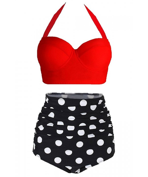 Women Retro Vintage High Waisted Halter Underwired Top Swimsuit Bathing Suits Bikini Red 