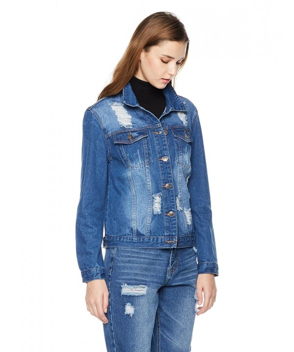 Women's Distressed Button Front Denim Stretch Jacket - Dark Blue ...