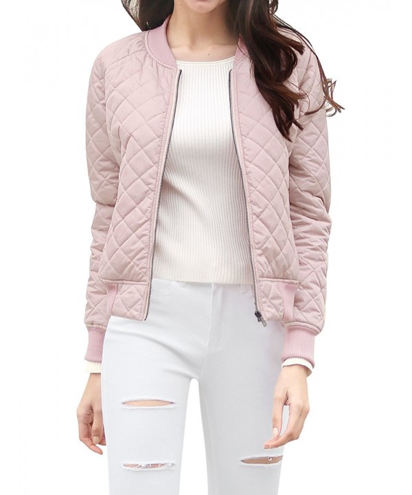 Women's Raglan Sleeves Quilted Zip Up Bomber Jacket - Pink - C512NADUF63