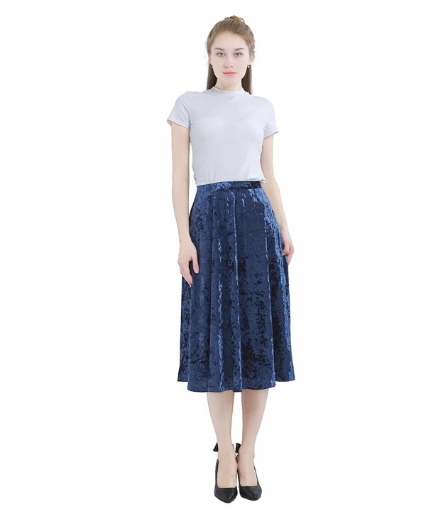 Women's A-Line Velvet Skirts High Waist Flared Swing Midi Skirt - Navy ...