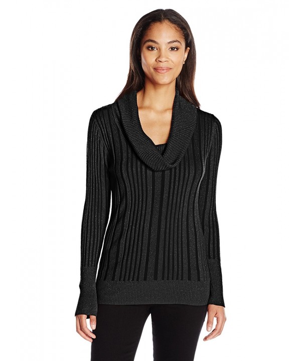 Women's Long Sleeve Ribbed Cowl Neck Sweater - Black Combo - CD12LJSP5H1