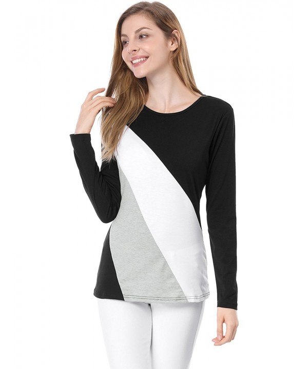 Women's Round Neck Long Sleeves Color Block T-Shirt - Black White ...