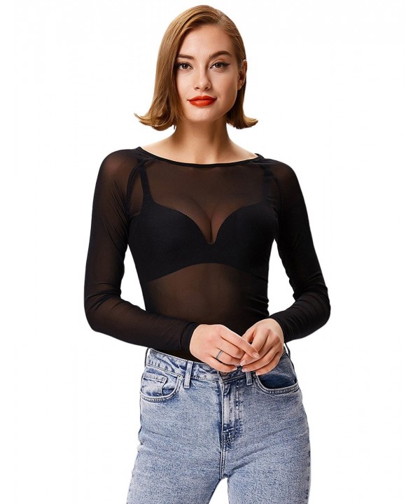 Womens Long Sleeve See Through Shirt Sheer Top Mesh Shirt Blouses Black C0189kgyhme 