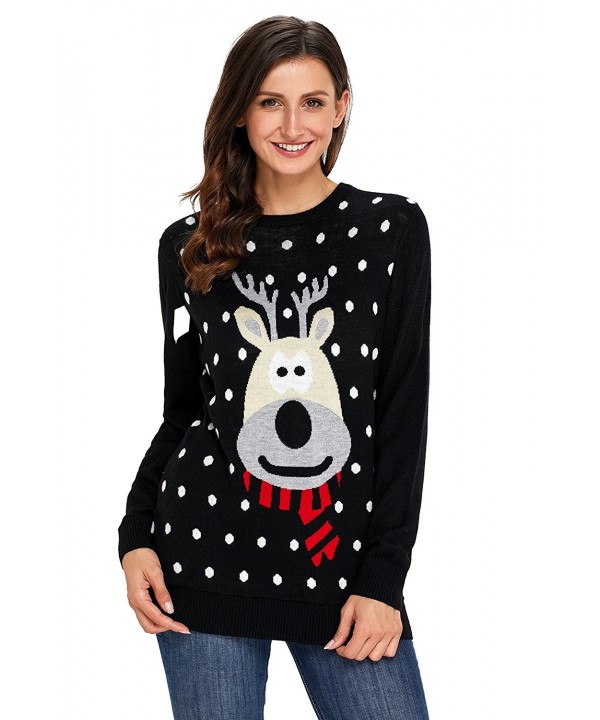 Women's Santas Reindeer Pullover Christmas Sweater - B-black - C31870GT9ZO