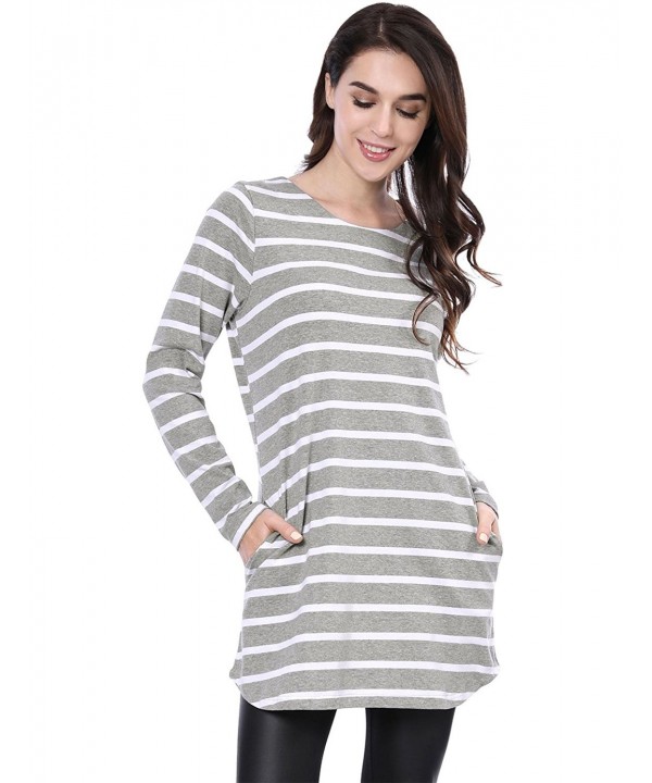 Women's Pockets Long Sleeves Loose Striped Tunic Top - Gray - C5180HML7NO