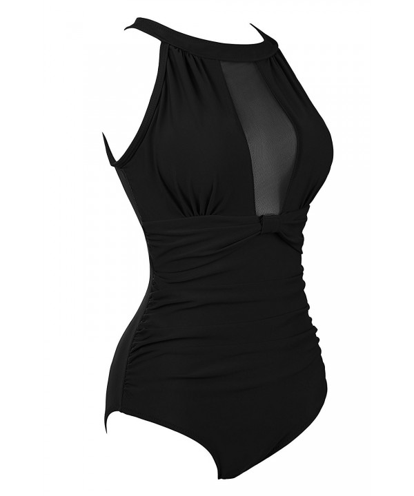 Women's Swimsuit Mesh Deep V Design Halter One Piece Monokini - Black ...