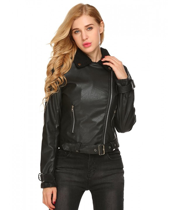 Women's Lapel Long Sleeve Shearling Zipper Motorcycle Biker Faux ...