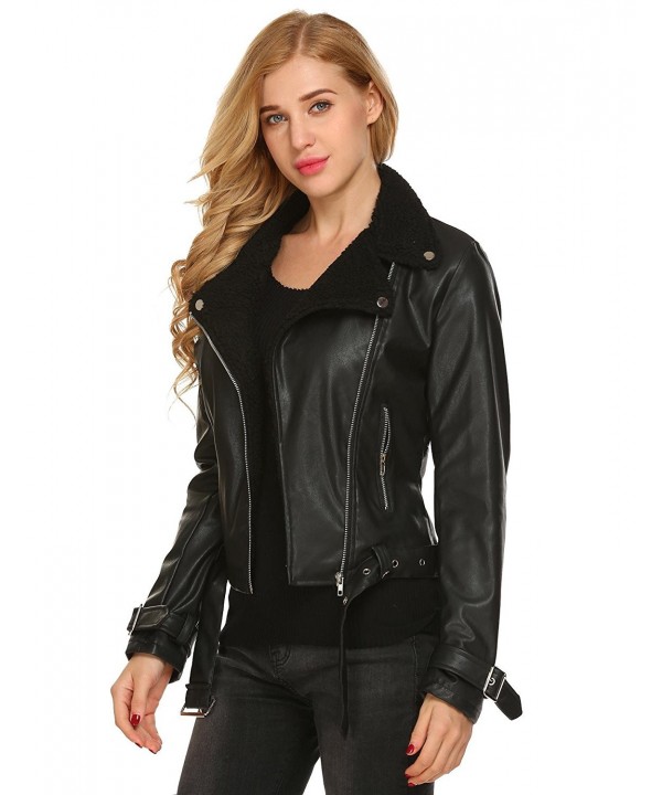 Women's Lapel Long Sleeve Shearling Zipper Motorcycle Biker Faux ...