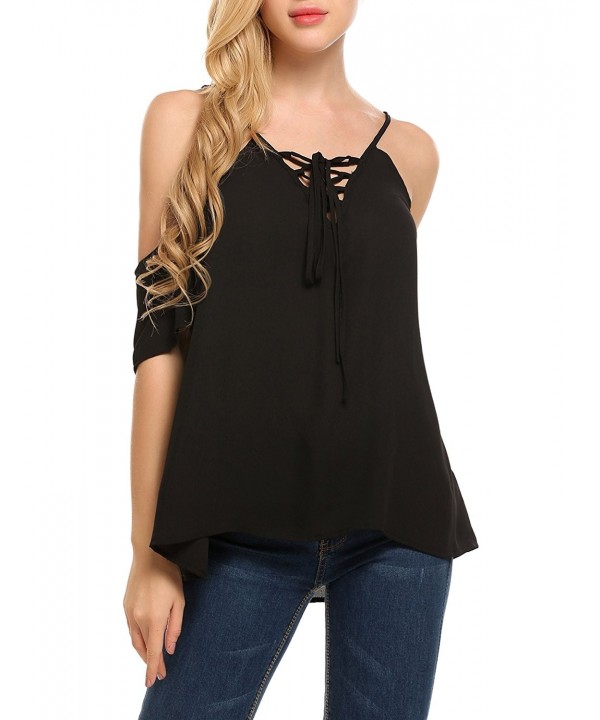 Women Sexy Open Shoulder Lace-Up Chiffon Blouse V Neck Loose Fit Tops ...