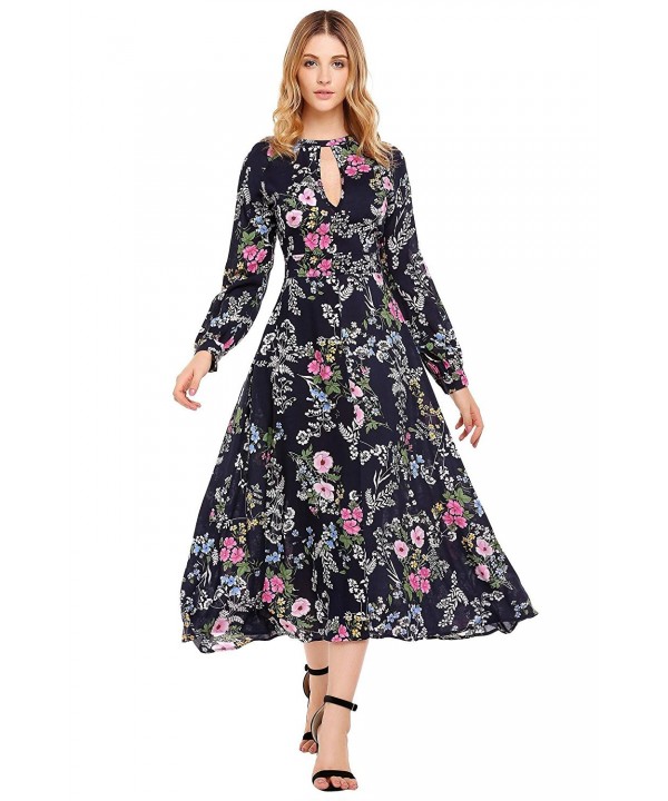 Women's Flower Print Keyhole Dress Long Sleeve Swing Maxi Dress ...