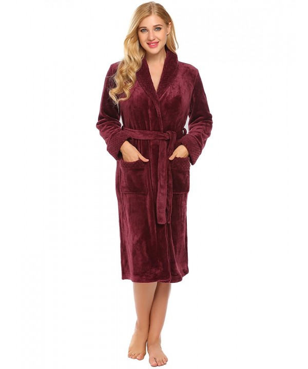 Women Shawl Collar Fleece Sleepwear Wrap Robe Plush Long Sleeve Pockets ...