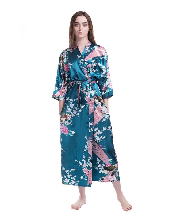 Women's Kimono Long Stain Robe With Pockets-Peacock and Blossoms ...