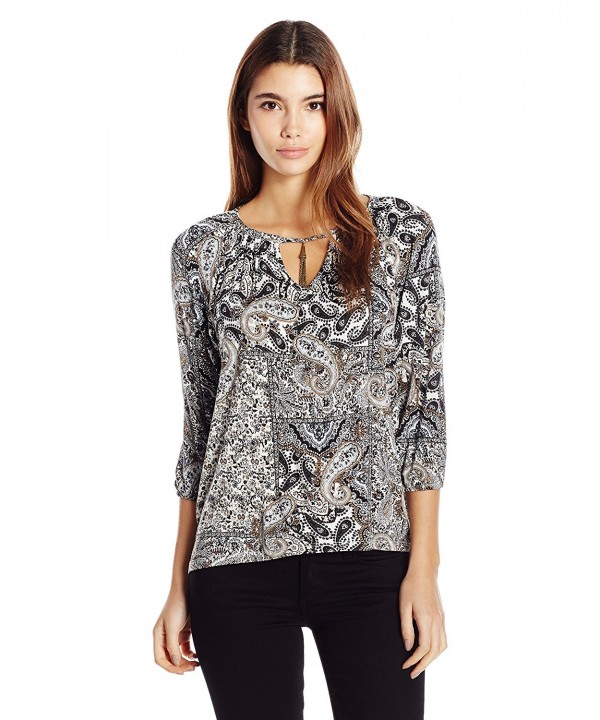 Women's Petite Size 3/4 Sleeve Paisley Printed Peasant Top With Keyhole ...