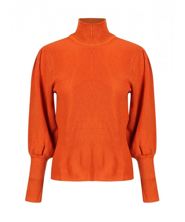 Womens Retro Puff Sleeve Mock Neck Street Pullover Sweater - Orange ...