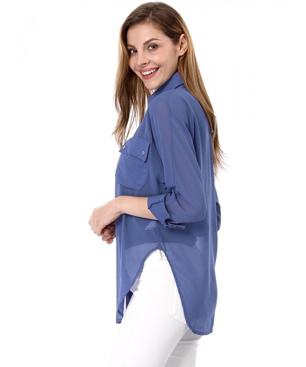 Women's Dolman Sleeves Side-Slit Semi Sheer Chiffon Shirt - Blue ...