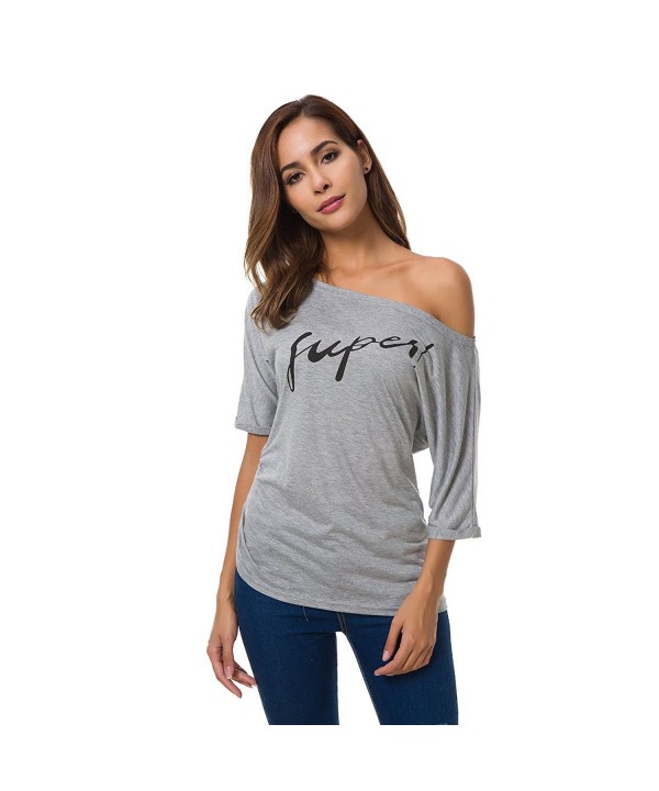 Womens Off Shoulder Tops Short Sleeve Casual Printed T Shirt Tops - Grey - C318C5A6ZRS