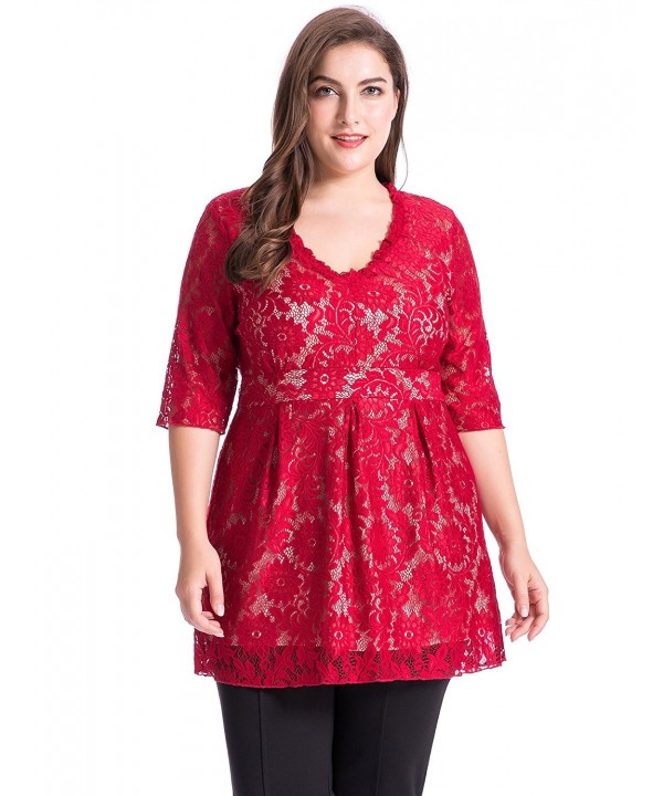 Women's Full Lined Plus Size Floral Lace Tunic Top Blouse With V Neck ...