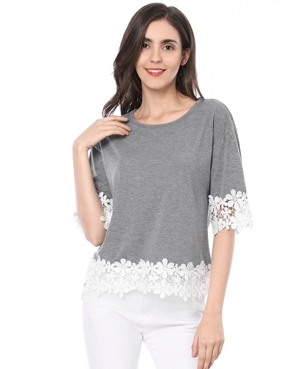 Women's Half Sleeve Drop Shoulder Lace Trim Top T Shirt - Gray ...