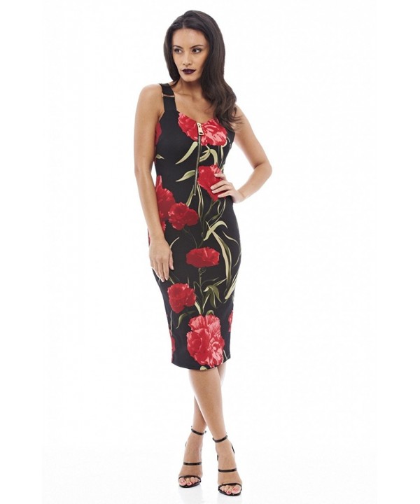 AX Paris Women's Zip Detail Floral Bodycon Dress - Rose Black - CY126E1GJGJ