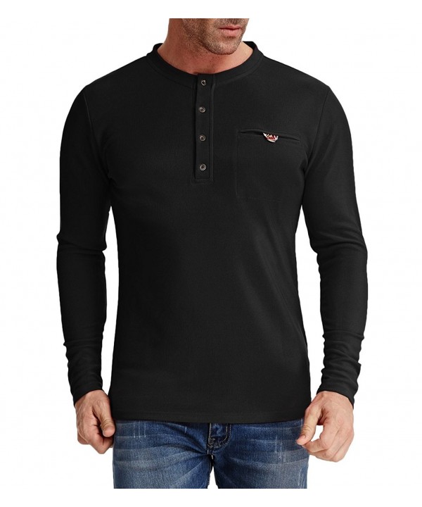 Mens Henley Shirts Slim Fit Long Sleeve Crew Neck Shirt Top - Black ...