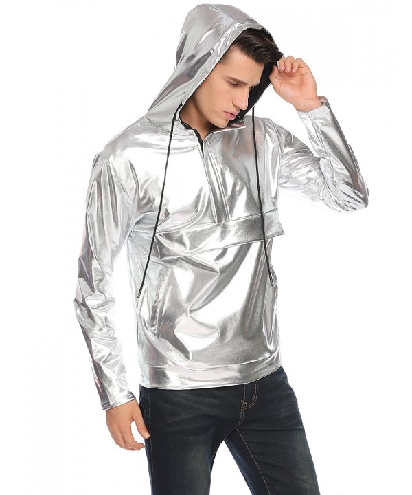 Men's Metallic Shiny Nightclub Casual Long Sleeve Party Fashion Hoodie ...