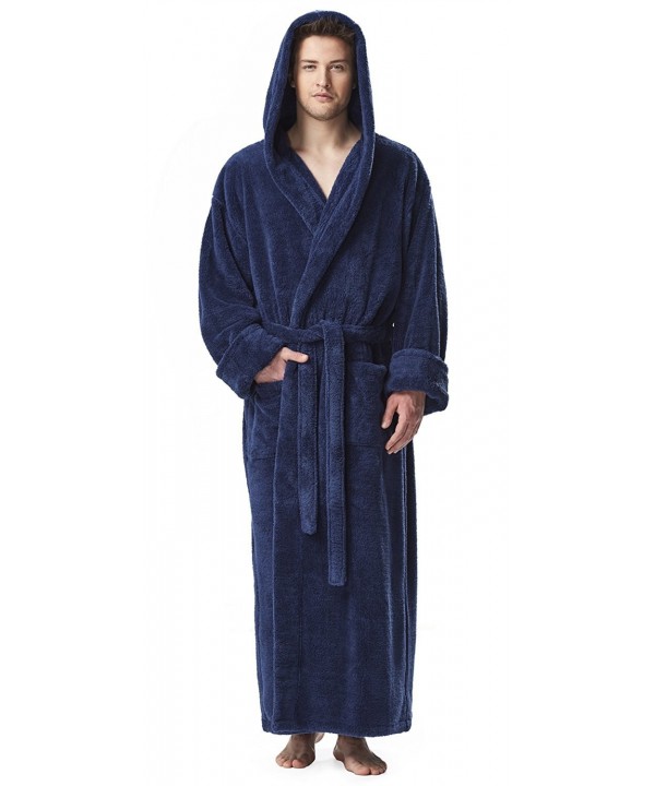 Men's Fleece Robe- Long Hooded Turkish Bathrobe - Navy Blue - CA182E8ARAA