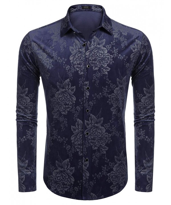 Mens Fleece Floral Print Long Sleeve Button Down Shirt - Blue - CX1878LZGIG