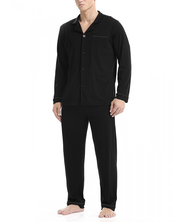 Men's 100% Cotton Long Button-Down Sleepwear Pajama Set - Black ...