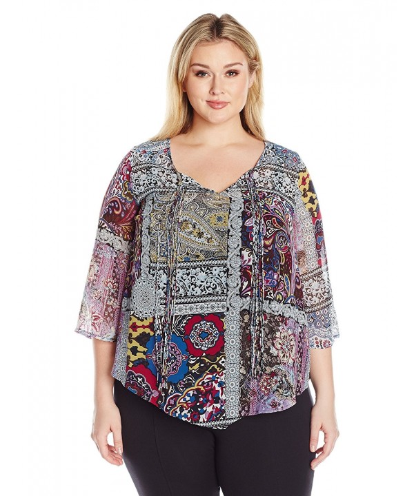 Women's Plus Size 3/4 Sleeve Printed Woven Popover Blouse - Moroccan ...