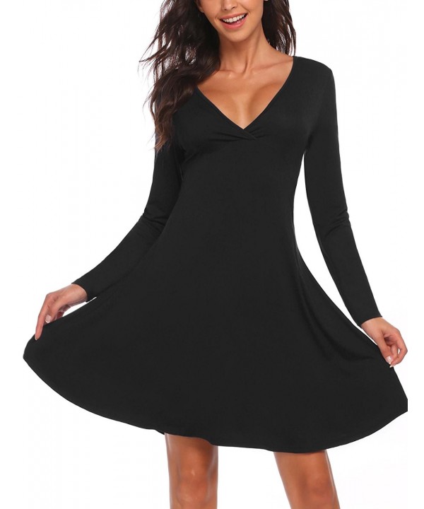 Women Casual Solid Cotton V-Neck Long Sleeve Pleated A-Line Flare Dress ...