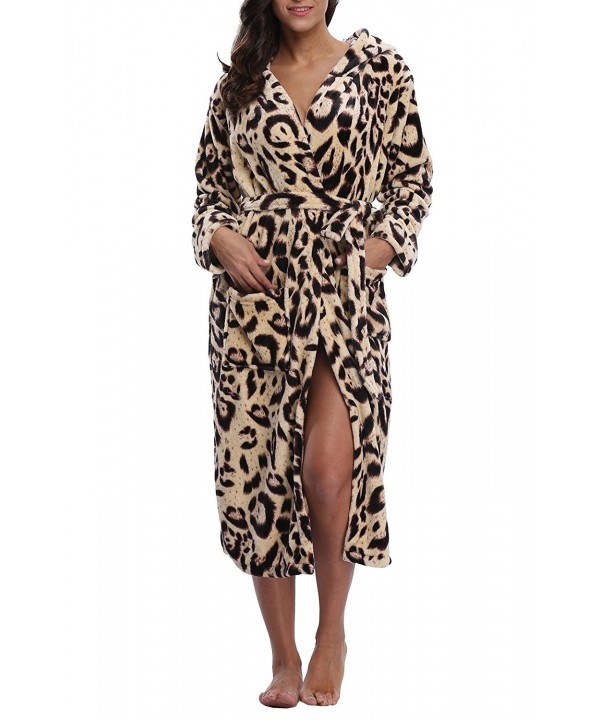 Women's Fleece Hooded Robe-Long Bathrobe with Print - Leopard Print