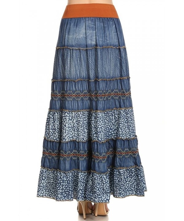 Embroidered Tiered Flare A Line Smocked Waist Long Maxi Denim Skirt 901 Medium C012ns5eyjq 7580